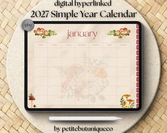 Simple Year Calendar 2027 Digital Monthly Planner Easy Mushrooms Hyperlinked Minimalist Goals & To-Do List Easy Navigation Productivity PDF