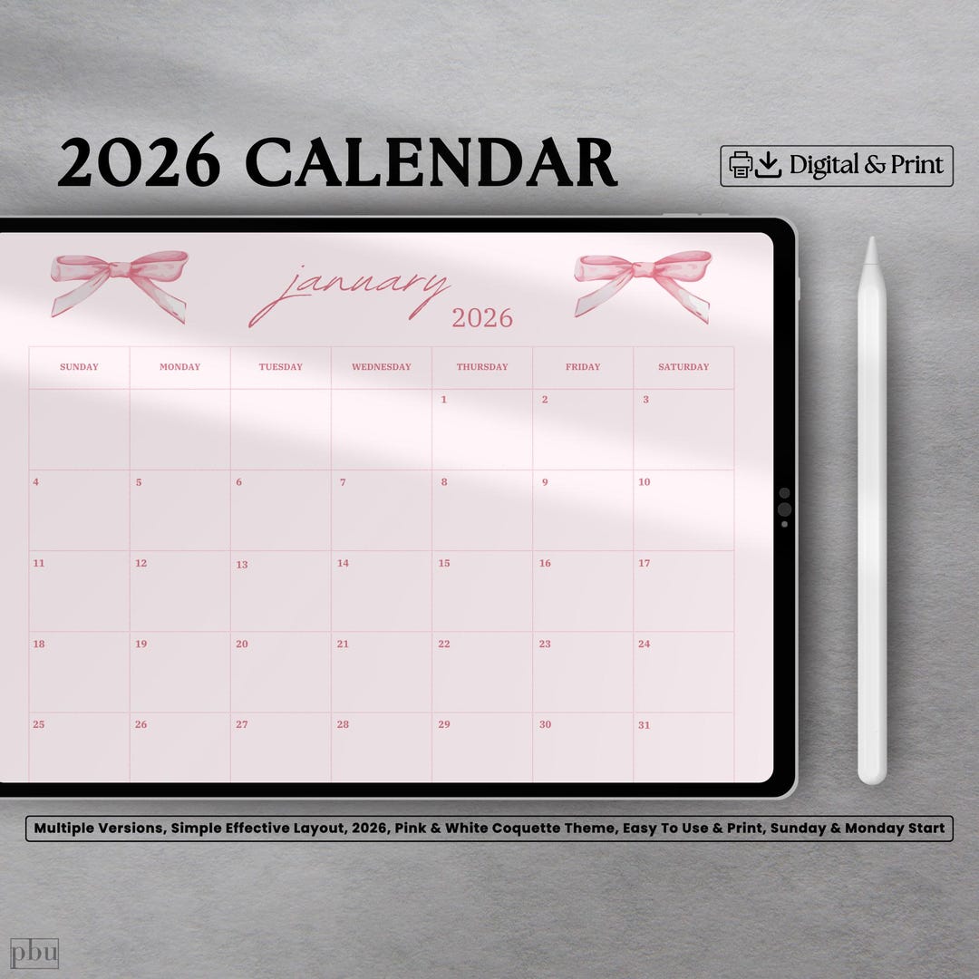 Pink Bow 2026 Calendar 2026 Monthly Planner Landscape Pink Girly Bow