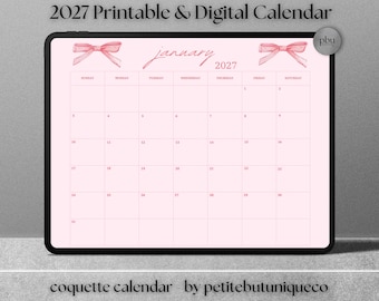 Pink Bow Calendar 2027 Goodnotes Monthly Planner Digital Download Pdf Landscape Printable Sunday & Monday
