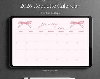 Pink Bow Calendar 2026 Goodnotes Monthly Planner Digital Download Pdf Landscape Printable Sunday & Monday