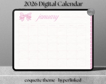 2026 Digital Calendar Pink Bow Coquette Simple Planner Easy Paperlike Monthly Organizer Hyperlinked PDF Download Sunday Start