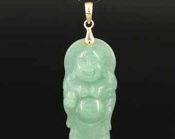 Carved Jadeite Laughing Buddha Pendant with 14k Bail