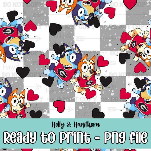 Bulldogs Blue Dog, Red and Black Hearts on Check Background PNG, Sublimation, Tumbler Wrap, Digital Paper, Seamless File, Fabric Pattern