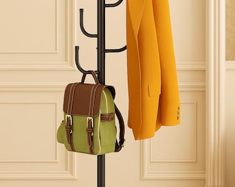 Freestanding Coat Rack: Heavy Duty Metal Hall Tree with Wood Base
