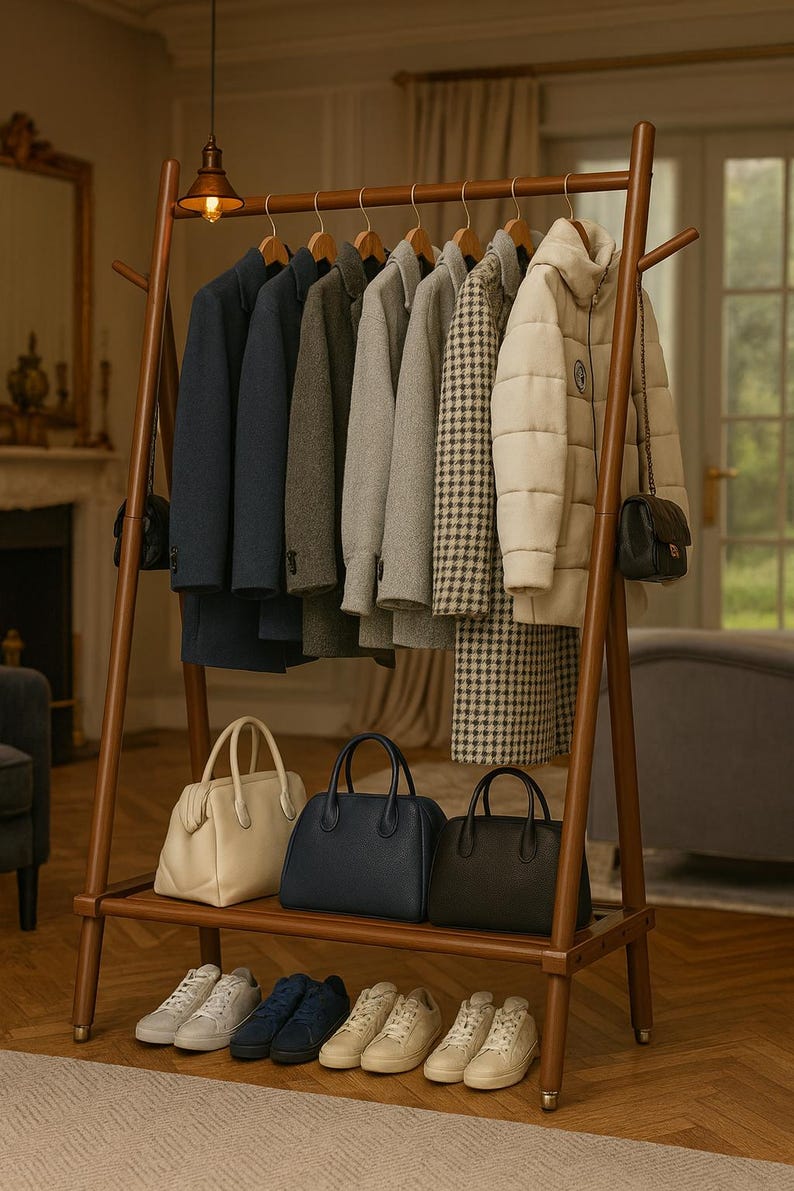 Navy Sitting Racks Solid Wood Garment Rack With Shelves & Wheels | Rolling Clothing Rack ...