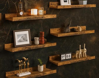 Rustic Wood Floating Shelves - Wall Mounted Decor, Set of 6