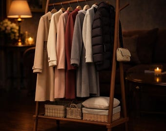 Solid Wood Garment Rack with Shelves & Wheels | Rolling Clothing Rack Portable Closet Organizer