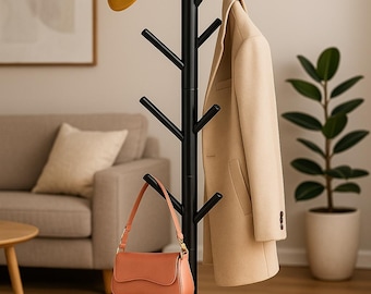 Modern Wooden Coat Rack with 8 Hooks, Adjustable Height