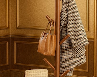 Solid Wood Coat Rack with 8 Hooks & Storage Shelf