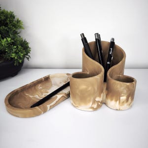 Beige White Mélange Desk Organizer Set Pen Pencil Pot With Tray Office Desk Accessories Womens Gift Set Principal Gift Teacher Girl Writer