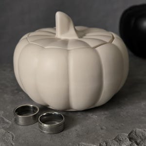 Op de afbeelding: Een matte gebroken witte keramische pompoenvormige container met deksel, verticale ribbels en een centrale steelhandgreep, vergezeld door twee zilverkleurige metalen ringen met getextureerde banden op de voorgrond van het object.