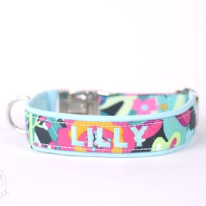 Custom Dog Collar Nature Flowers Print - Personalized Collar with Name and Telephone Number - Coated Cotton Softshell Padding in Blue & Pink