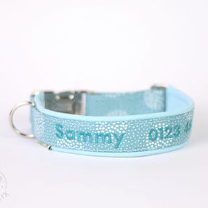 Personalized Dog Collar - Custom Dog Collar for Medium Dog or Large Dog - Dog Collar Embroidery with Name Telephone Number - Blue Polka Dots