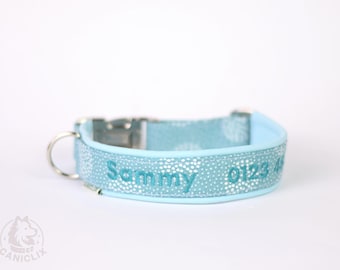 Personalized Dog Collar - Custom Dog Collar for Medium Dog or Large Dog - Dog Collar Embroidery with Name Telephone Number - Blue Polka Dots
