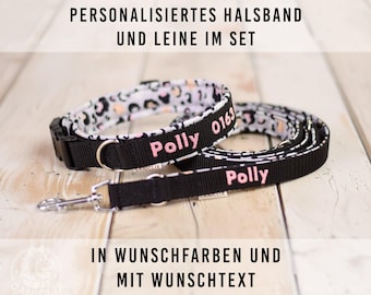 Halsband & Leine im Set Personalisiert für deinen Hund - Hundehalsband Bestickt in Wunschfarben mit Hundename, Telefonnummer oder Wunschtext
