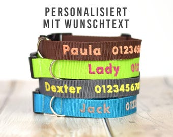Hundehalsband Halsband Hund - Personalisiert Bestickt in Wunschfarben mit Hundename, Telefonnummer oder Wunschtext - 25mm Acetal Schnalle