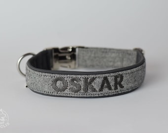 Hundehalsband Halsband Hund bestickt Name Grau Meliert Dunkelgrau in Wunschlänge aus Baumwolle Polsterung Gepolstert Softshell Individuell