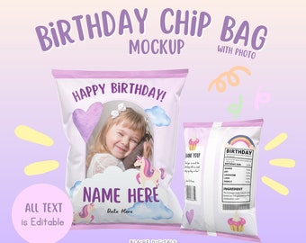 Bolsa de Chips de Cumpleaños para Niñas con foto 9 diseño Plantilla CANVA EDITABLE