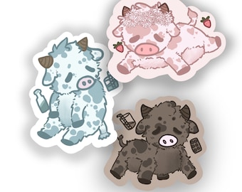 Cow Stickers Cartoon Cute Fun Unique Art Sticker Character Strawberry Cow, Blueberry, Milk, Chocolate, Brown, Pink, Blue Cow Stickers