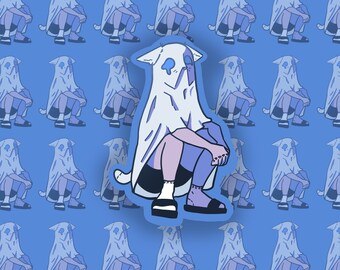 Cute Kitten Ghost Sticker Colorful Fun Retro Blue Adorable Cat Kitty Ghost Sticker