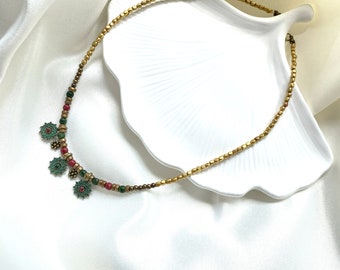 handmade necklace, bead necklace, bohemian necklace green necklace, flower necklace, minimalist necklace, short necklace, ethnic necklace
