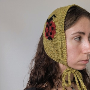 May include: A knitted bonnet in olive green with a red and black ladybug design. The bonnet has long ties and is made of a textured yarn. The garment is a unique accessory.