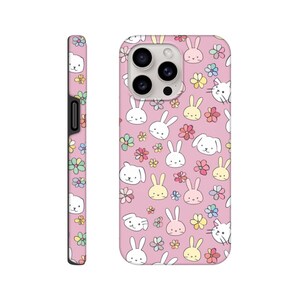 Bunny Bliss Phone Case Cute Bunnies Small Flowers Pattern Anime Style Pink Spring Phone Case Perfect Gift iPhone Samsung zdjęcie 2