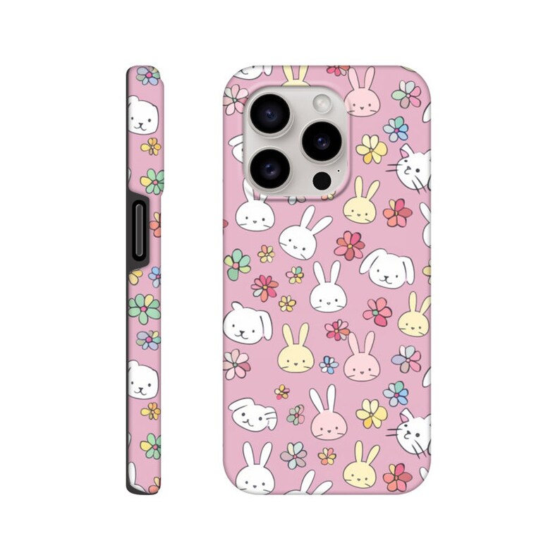 Bunny Bliss Phone Case Cute Bunnies Small Flowers Pattern Anime Style Pink Spring Phone Case Perfect Gift iPhone Samsung zdjęcie 7