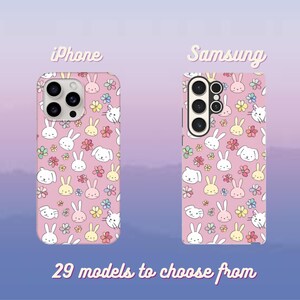 Bunny Bliss Phone Case Cute Bunnies Small Flowers Pattern Anime Style Pink Spring Phone Case Perfect Gift iPhone Samsung zdjęcie 3