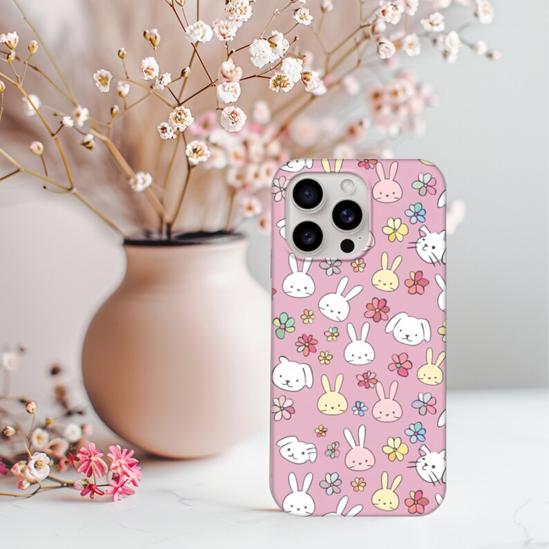 Bunny Bliss Phone Case Cute Bunnies Small Flowers Pattern Anime Style Pink Spring Phone Case Perfect Gift iPhone Samsung image 1