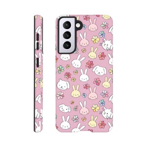 Bunny Bliss Phone Case Cute Bunnies Small Flowers Pattern Anime Style Pink Spring Phone Case Perfect Gift iPhone Samsung Tough case