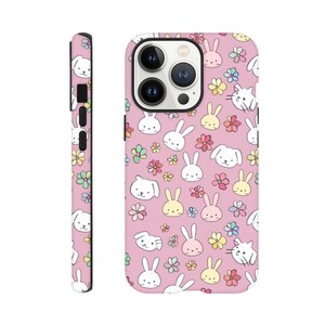 Bunny Bliss Phone Case Cute Bunnies Small Flowers Pattern Anime Style Pink Spring Phone Case Perfect Gift iPhone Samsung zdjęcie 8