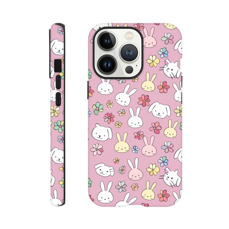 Bunny Bliss Phone Case Cute Bunnies Small Flowers Pattern Anime Style Pink Spring Phone Case Perfect Gift iPhone Samsung zdjęcie 8