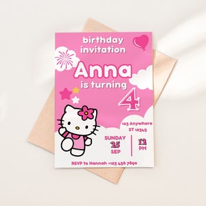 Kitty birthday invitation card , kawaii birthday card , kawaii cat canva , custom birthday invitation, Digital, Printable zdjęcie 3