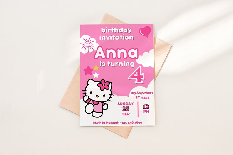 Kitty birthday invitation card , kawaii birthday card , kawaii cat canva , custom birthday invitation, Digital, Printable zdjęcie 3