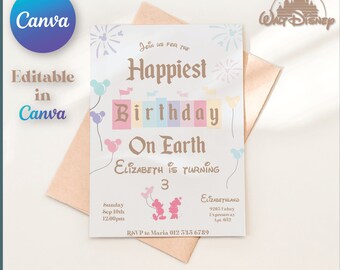 Magical Birthday Invitation Happiest Birthday On Earth Invitation, Mickey Birthday, Minnie Birthday, Digital, Printable