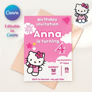 Kitty birthday invitation card , kawaii birthday card , kawaii cat canva , custom birthday invitation, Digital, Printable zdjęcie 1