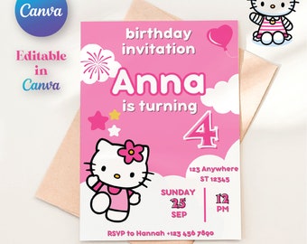 Kitty birthday invitation card , kawaii birthday card , kawaii cat canva , custom birthday invitation, Digital, Printable