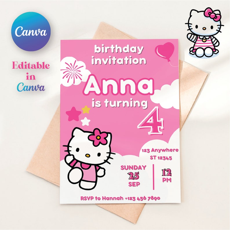 Kitty birthday invitation card , kawaii birthday card , kawaii cat canva , custom birthday invitation, Digital, Printable zdjęcie 1