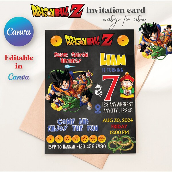 Dragon Ball Birthday Invitation Template Kids Party Template Goku Invitation Printable Editable in Canva Instant Download