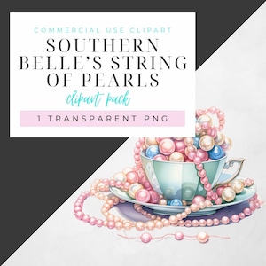 May include: A teacup overflowing with pink, white, and blue pearls. A string of pearls is draped around the teacup and saucer.