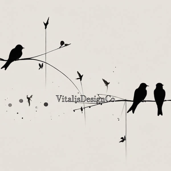 Three Swallows on Branches | Birds | Pen and Ink-inspired Series | AI-generated Art Print | AI Artwork | Digital Download Only