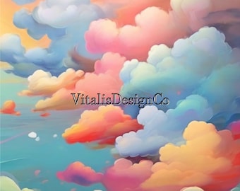 Colourful Cumulus Clouds | AI Generated Art | Minimilast Colorful Rainbow Clouds | Kids Children Bedroom Wall Art | Digital Download