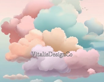 AI Generated Art | Minimalist Pastel Cumulus Clouds | Kids Nursery Wall Artwork | Pink Blue | Digital Download
