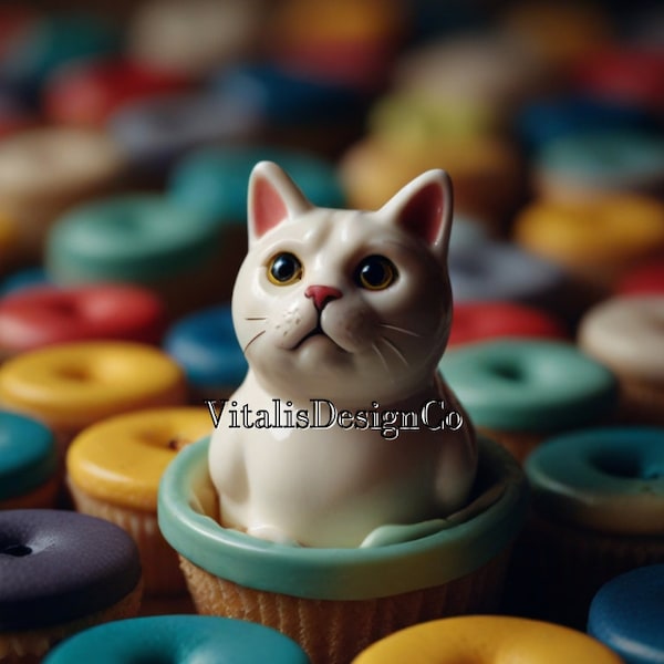 Grumpy white cat sitting in a cupcake and donuts | close-up photography | Randomness Prompt Series | AI Art Print | Digital Download Only