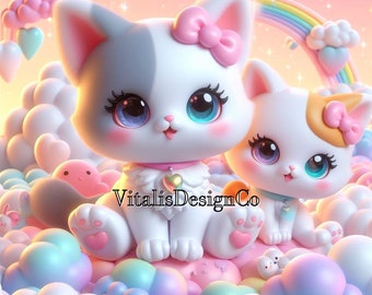 Cute kittens sitting on rainbow clouds | children&#39;s and kids bedroom or nursery wall art | AI Generated Decor | Square | Digital Download