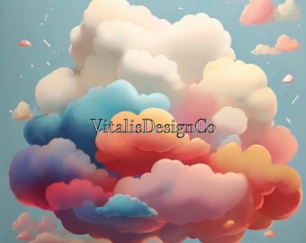 Colorful Cumulus Clouds | AI Generated Art | Minimilast Colourful Rainbow Clouds | Kids Children Bedroom Wall Art | Digital Download
