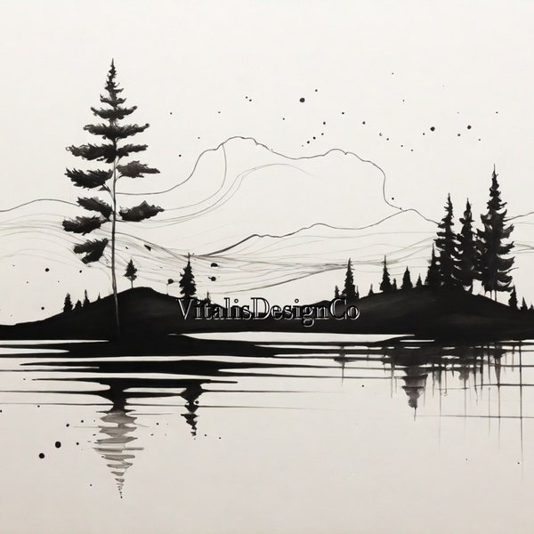 Lakeside Landscape with Conifers | Black & White | Pen and Ink-style Series | AI-generated Art Print | AI Artwork | Digital Download Only