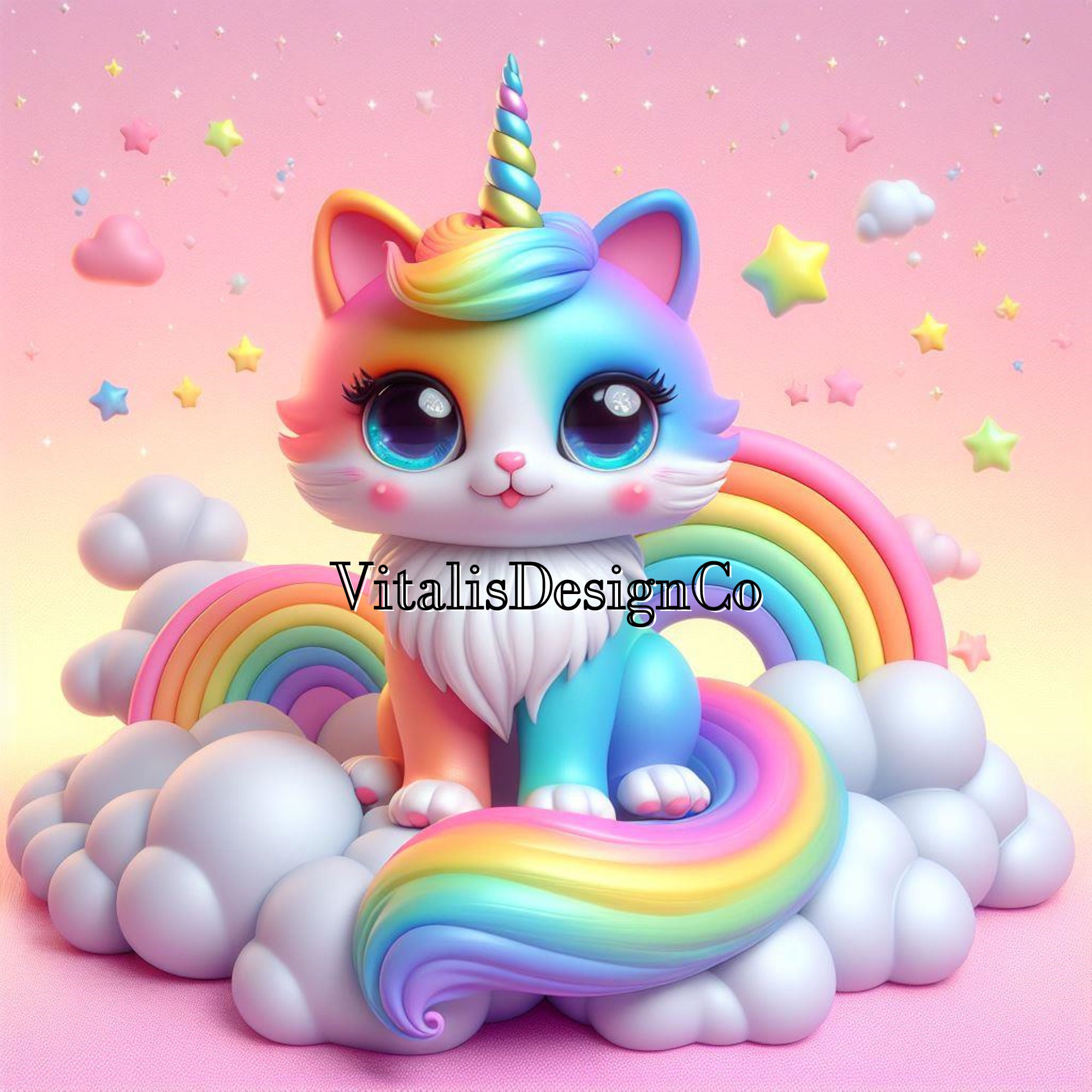 Rainbow Caticorn | Unicorn Cat sitting on white clouds | AI Generated Wall Art | Children and Kids bedroom decor | Square | Digital Download