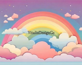 Minimalist Colourful Full Rainbow in the Sky with Clouds | AI Generated Art | Children&#39;s Nursery Artwork | Kids Decor | Digital Download